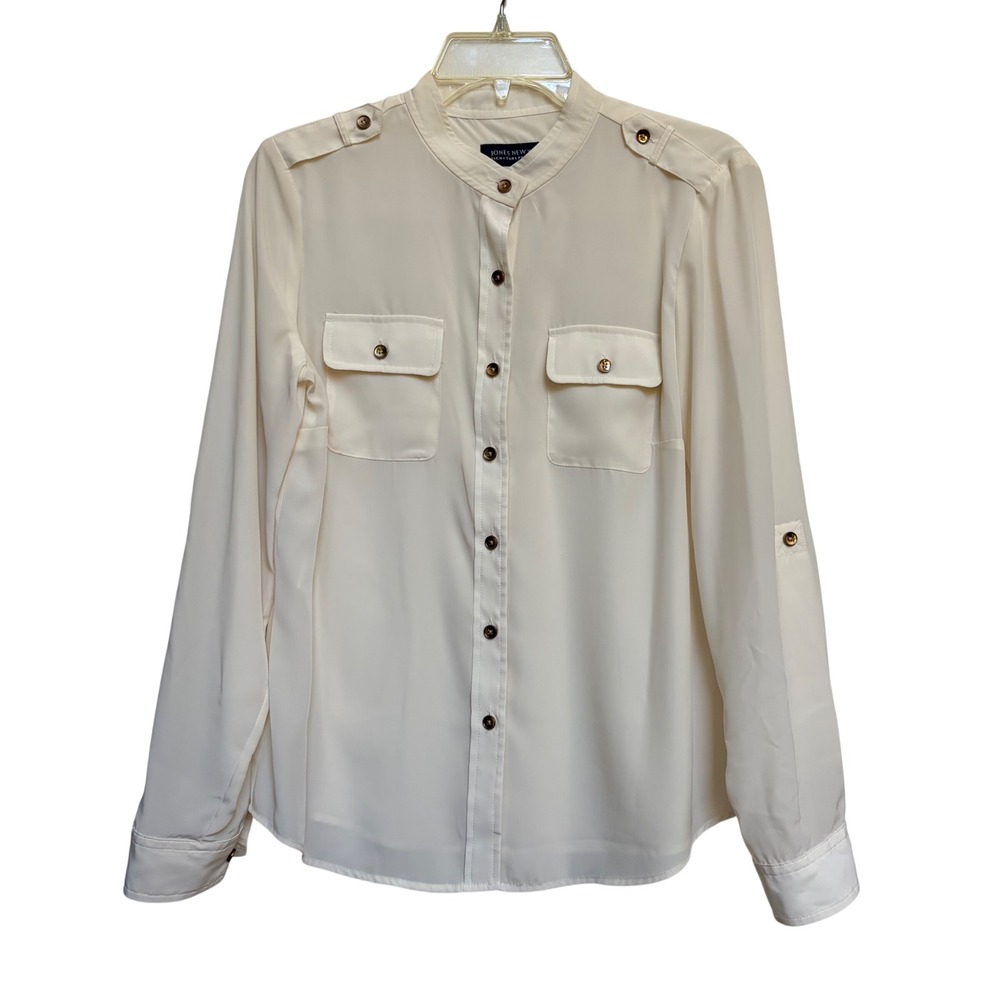 Jones New York Signature Petite Cream Utility Blouse Button Down PM Petite  Work